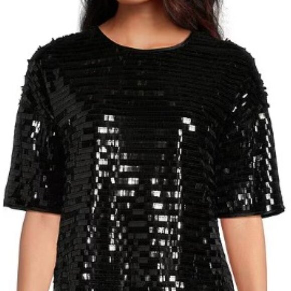 Le' AL.X  Sequin Round Neck Short Sleeve Coordinating Tee Shirt SZ L - NWT - Picture 1 of 11